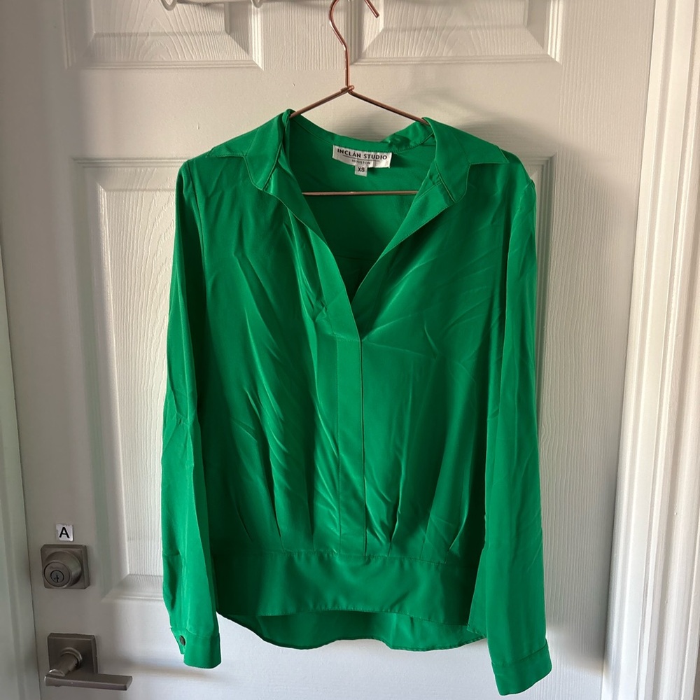 Inclán Studio Green Silk Blouse XS Long Sleeve Minimalist Houston Designer Top